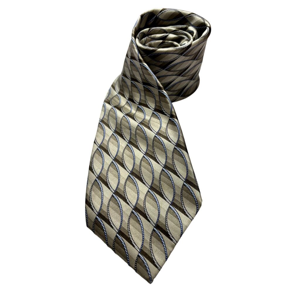 VIA EUROPA Men's 100% Silk Silver & Blue Loop Pattern Neck Tie